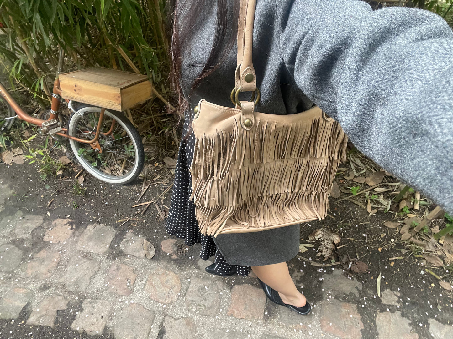 boho camel leather fringe bag