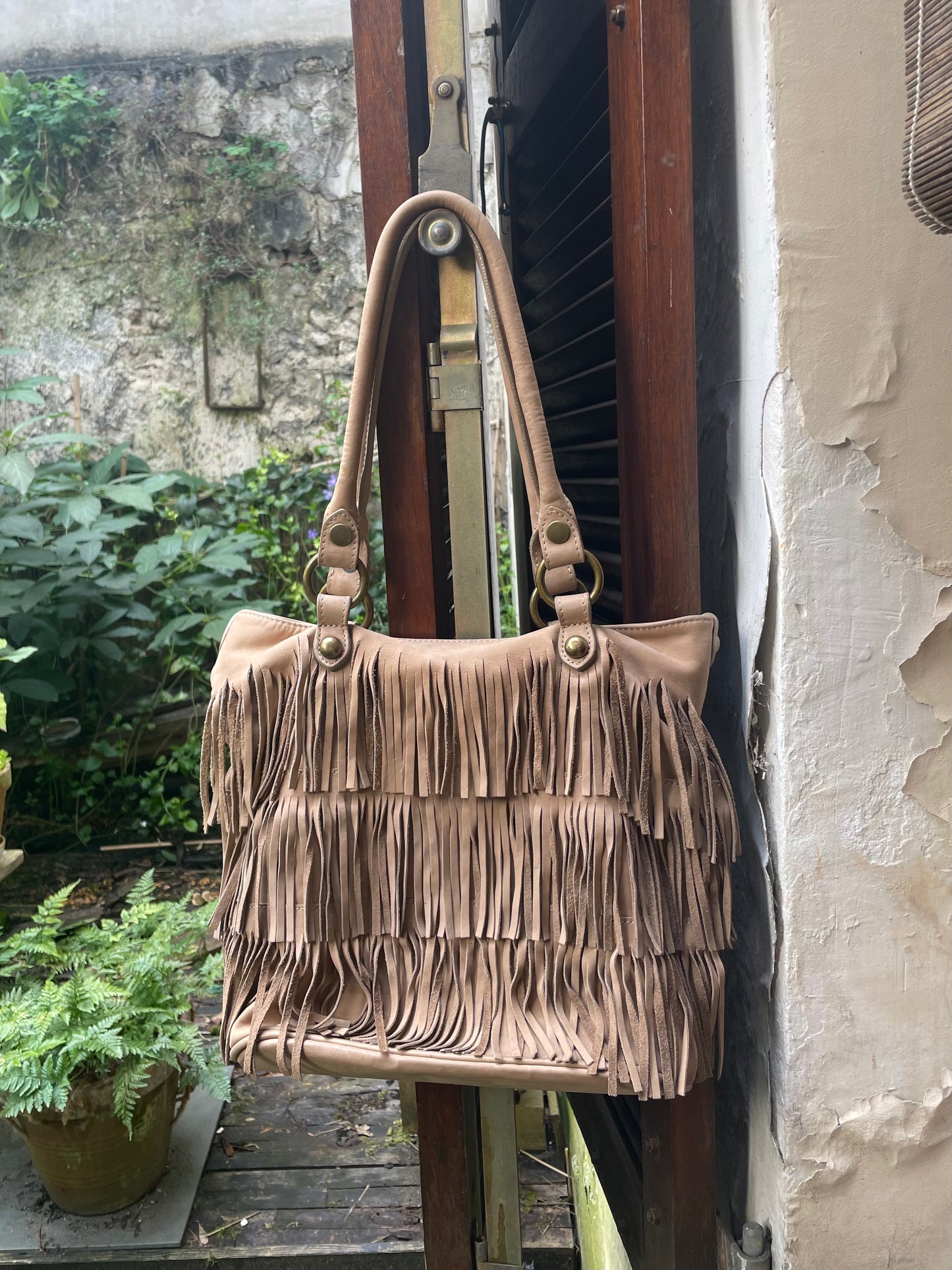 boho camel leather fringe bag