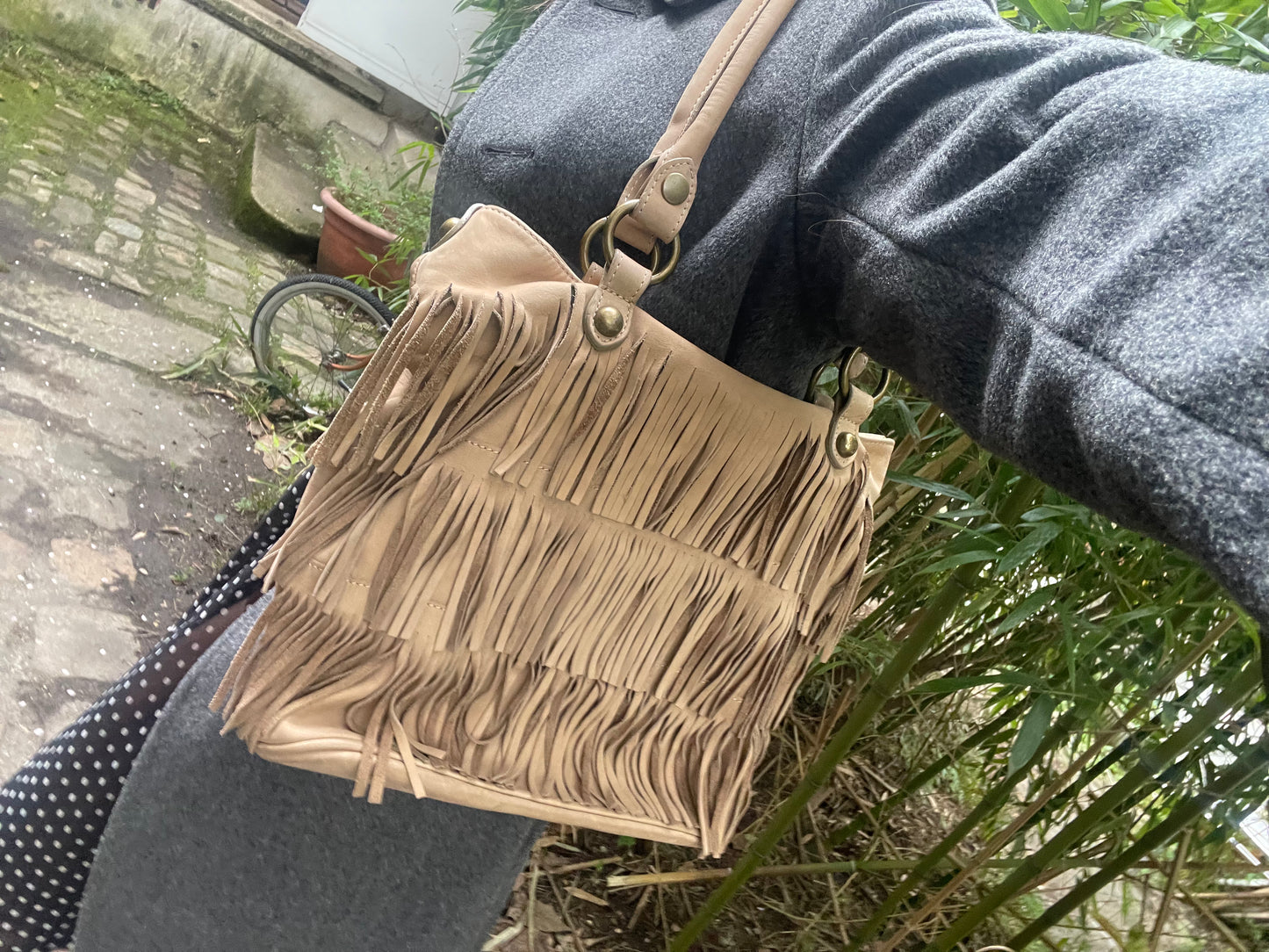 boho camel leather fringe bag