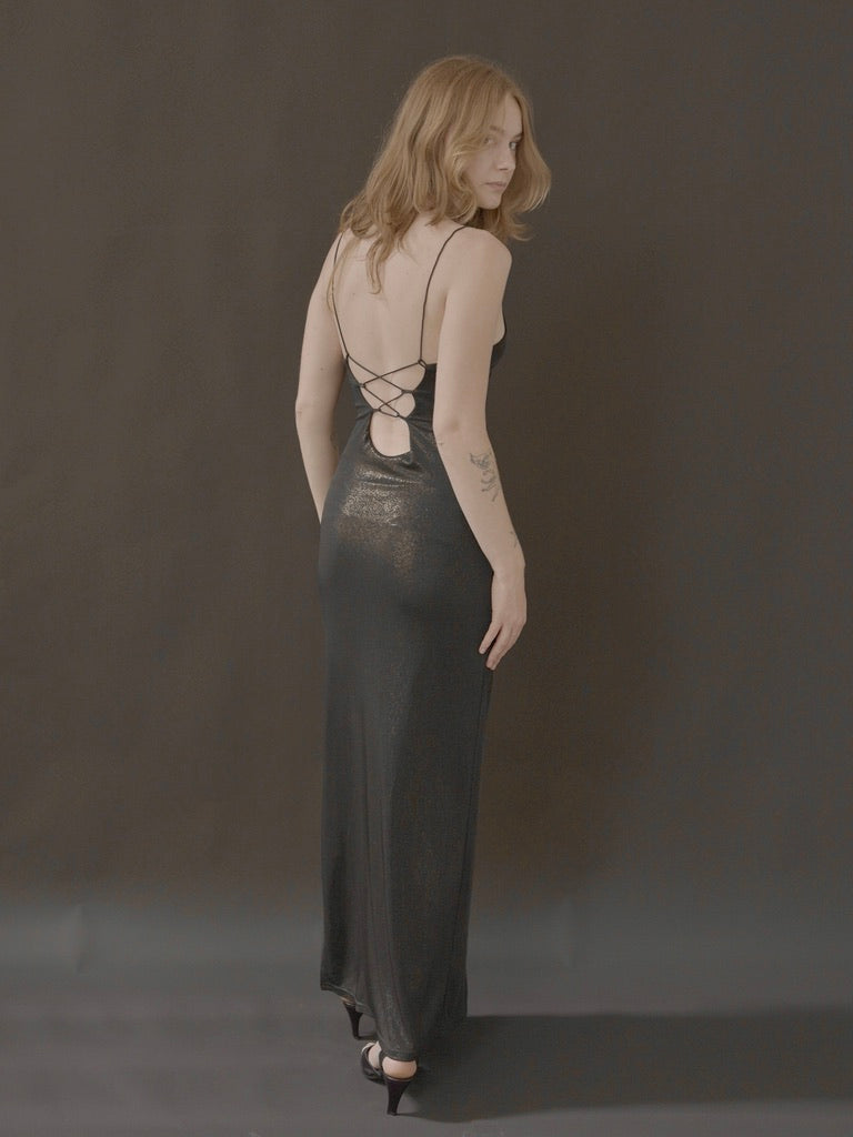 midnight satin lace-up backless maxi dress