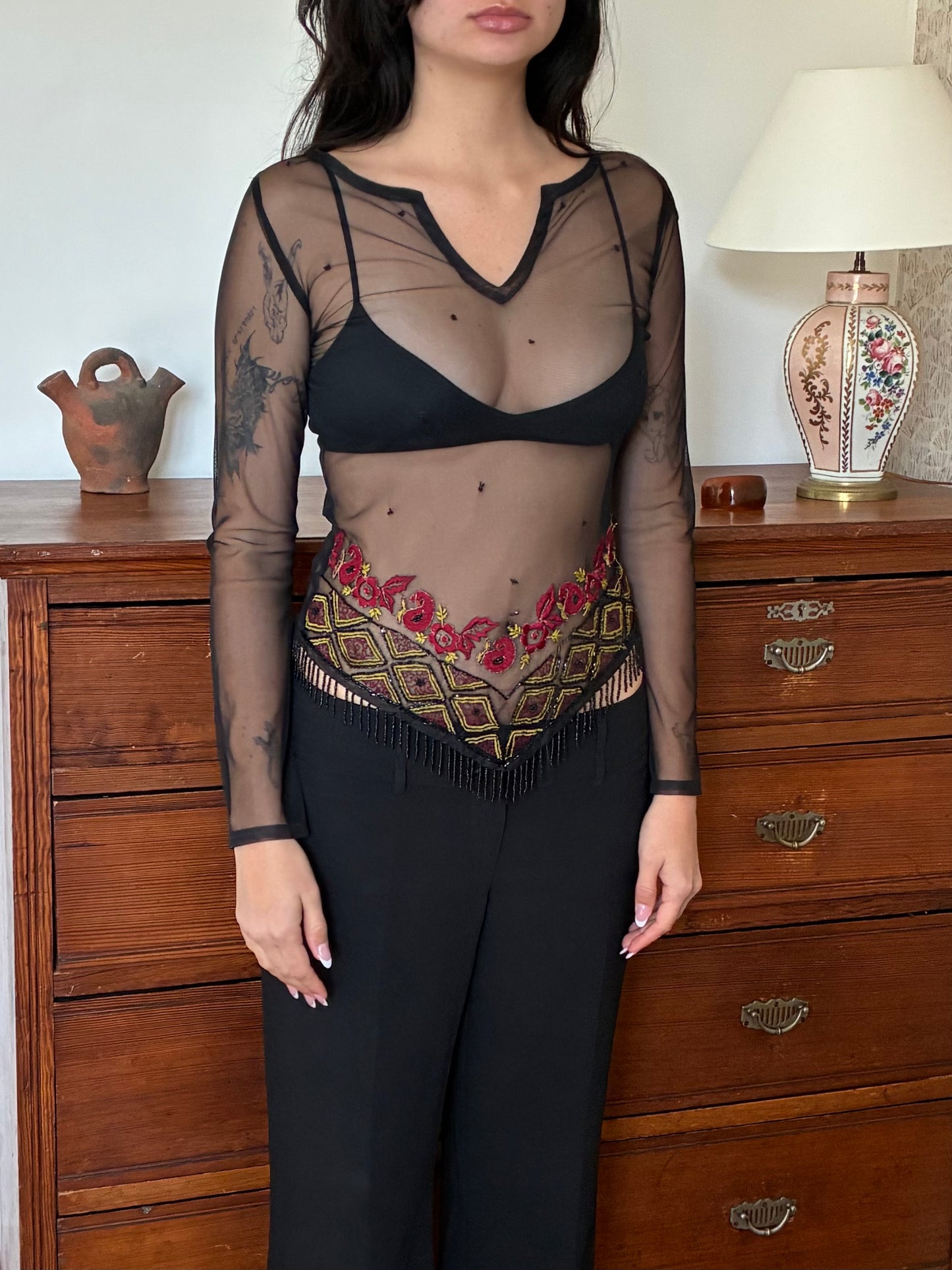 black mesh top with pearl detail
