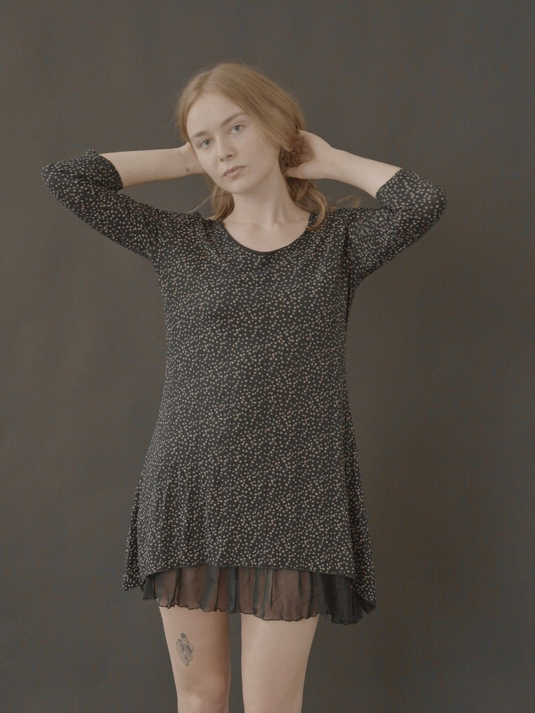 long-sleeve mini dress with sheer hem