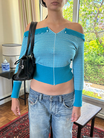 striped zip blue top