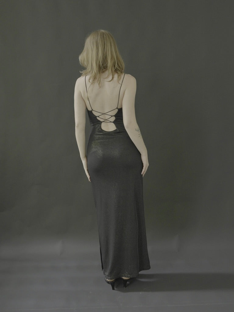 midnight satin lace-up backless maxi dress