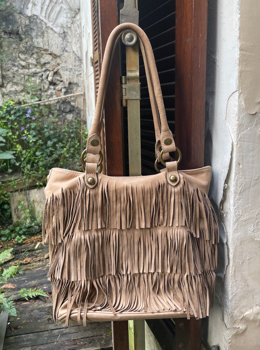 boho camel leather fringe bag