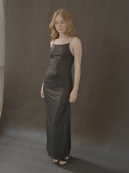midnight satin lace-up backless maxi dress