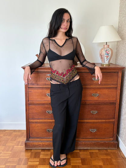 black mesh top with pearl detail