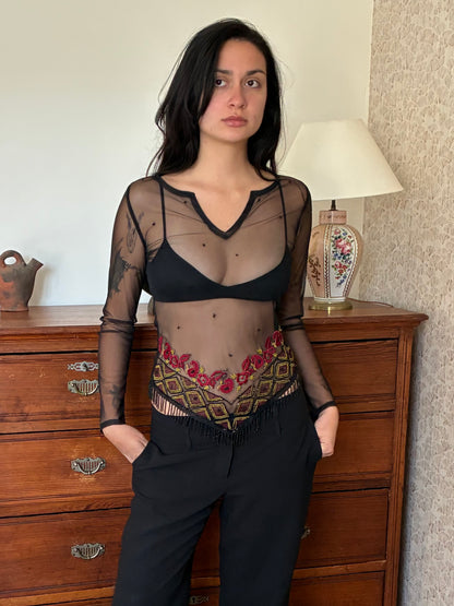 black mesh top with pearl detail