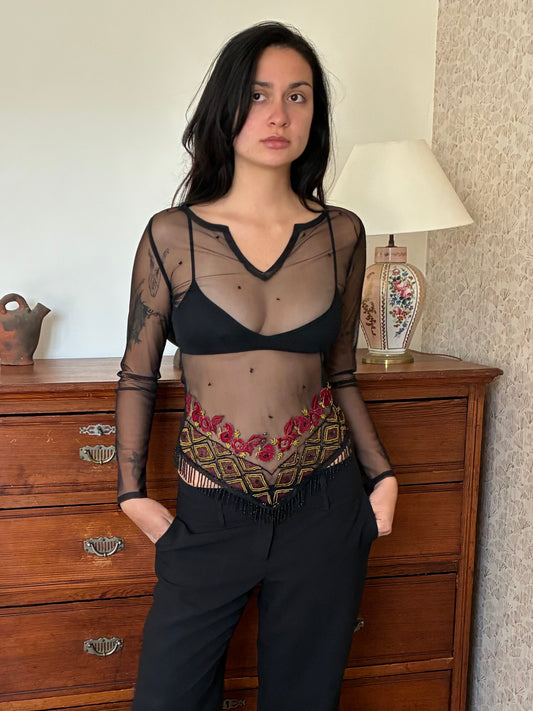 black mesh top with pearl detail